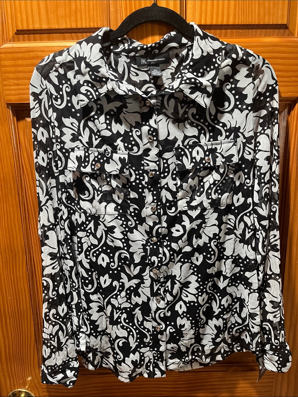 INC International Concepts Black and White Floral Print Button-Down Shirt